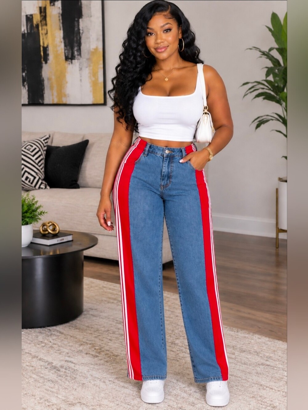 NEW!!! Stylish Women's Denim & Red Pants with Side Stripes,NWT